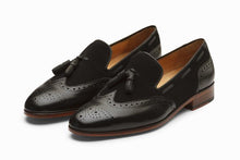 Load image into Gallery viewer, Bespoke Black Leather Suede Wing Tip Tussle Loafer Shoes - leathersguru

