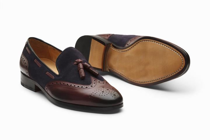 Bespoke Black Brown Leather Suede Wing Tip Tussle Loafer Shoes - leathersguru