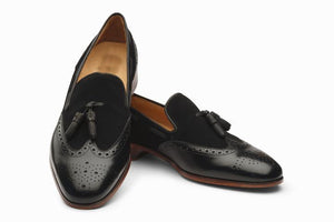 Bespoke Black Leather Suede Wing Tip Tussle Loafer Shoes - leathersguru
