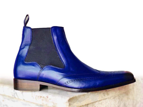 Handmade Men's Ankle High Blue Leather Wing Tip Chelsea Boot - leathersguru