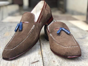 Men's Suede Loafers Shoes, Dark Brown Slip On Moccasin Tussles Shoes - leathersguru