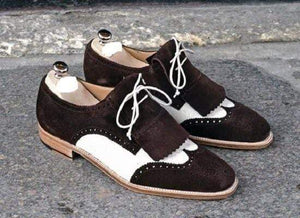 Handmade Brown White Suede Fringe Loafers - leathersguru