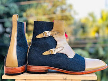 Load image into Gallery viewer, Men&#39;s Beige &amp; Blue Cap Toe Denim Leather Boot - leathersguru
