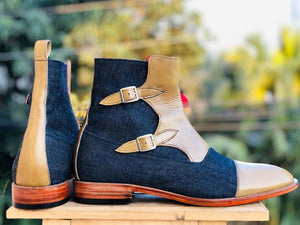 Men's Beige & Blue Cap Toe Denim Leather Boot - leathersguru
