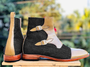 Men's Beige & Black Cap Toe Denim Leather Boot - leathersguru