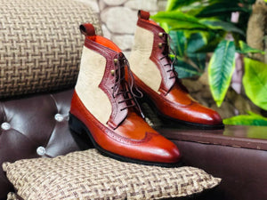Bespoke Tan Beige Leather Suede Wing Tip Ankle Boots - leathersguru
