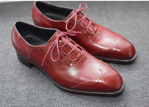 Handmade Men's Leather Burgundy Wing Tip Shoes - leathersguru
