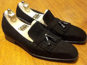 Men's Handmade Black Suede Fringe Tussles Loafers Shoe - leathersguru