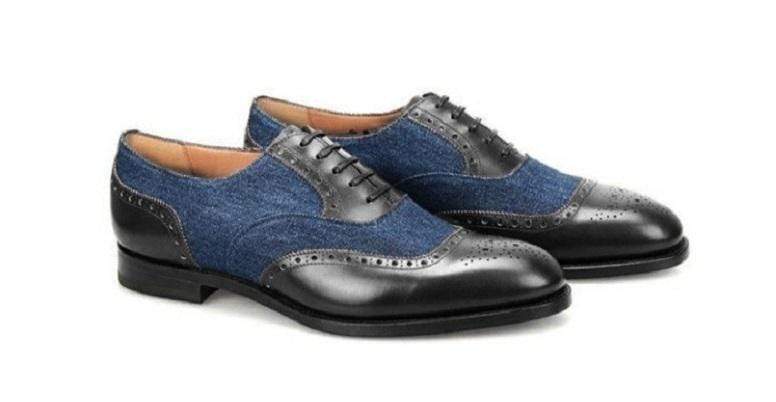 Handmade Men's Navy Blue Black Leather Suede Brogue Shoes - leathersguru