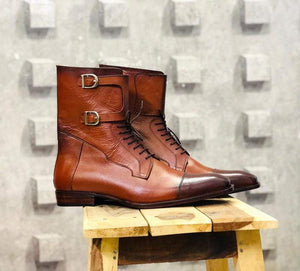 Men Handmade Field Dark Brown Grain Buckle Boots - leathersguru