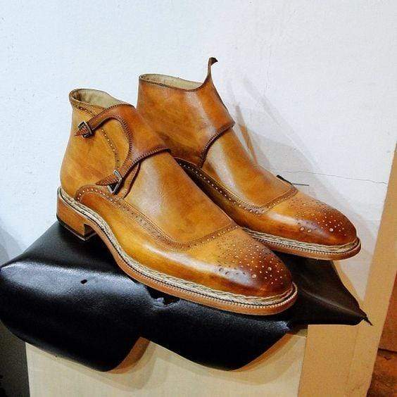Handmade Men's Ankle High Tan Leather Monk Strap Boot - leathersguru