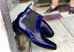 Handmade Men's Ankle High Leather Purple Wing Tip Chelsea Boot - leathersguru