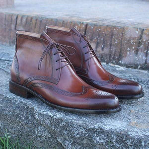 Handmade Wing Tip Brown Leather Chukka Boots - leathersguru