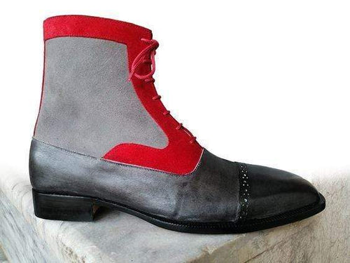 Men's Ankle High Black Red Leather Suede Gray Cap Toe Boot - leathersguru
