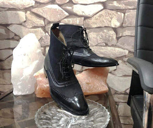 Handmade Black Leather Tweed Wing Tip Boot - leathersguru