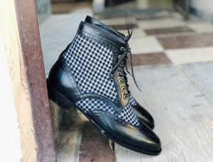 Handmade Men's Ankle High Leather Black Wing Tip Brogue Boot - leathersguru