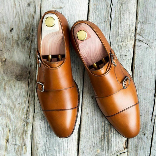 Bespoke Brown Cap Toe Double Monk Strap Shoes for Men's - leathersguru