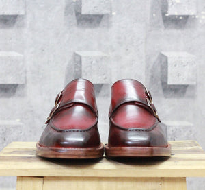Handmade Tone Burgundy Leather shoes, Men's Double Monk Formal Shoes