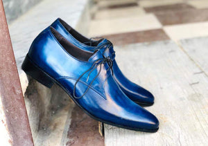 Men's Blue Leather Lace Up Derby Shoes - leathersguru