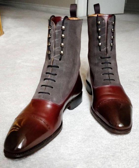 Handmade Ankle Brown Gray Cap Toe Boot - leathersguru