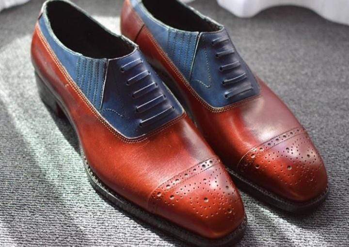 Handmade Men's Leather Brown Blue Cap Toe Brogue Shoes - leathersguru
