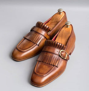 Bespoke Brown Fringe Monk Strap Shoes for Men's - leathersguru
