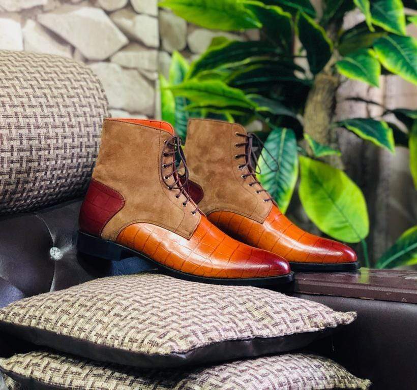 Men's Alligator Texture Leather Ankle Boots - leathersguru