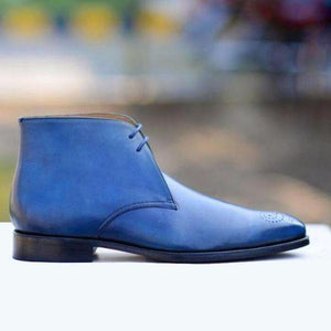 Handmade Men's Ankle High Blue Leather Chukka Brogue Boot - leathersguru