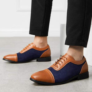 Men's Brown Navy Blue Leather Suede Cap Toe Shoes - leathersguru