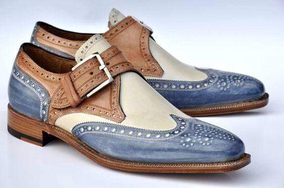 Men's Multi Shades Leather Monk Strap Wing Tip Shoes - leathersguru