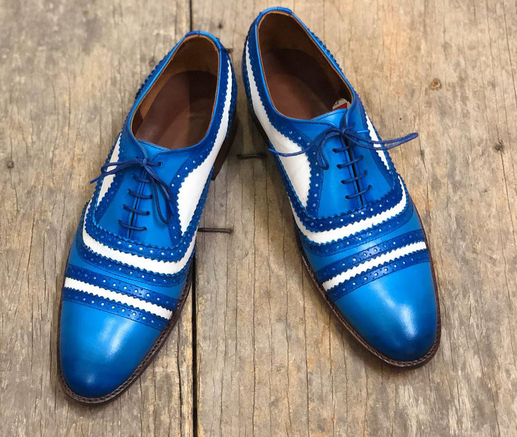 Bespoke Sky Blue&White Leather Cap Toe Lace Up Shoes for Men's - leathersguru