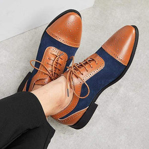 Men's Leather Suede Tan Navy Blue Cap Toe Brogue Shoes - leathersguru