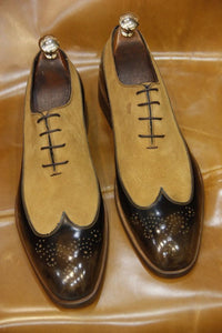 Bespoke Beige Brown Leather Suede Wing Tip Lace Up Shoe for Men - leathersguru