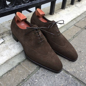 Bespoke Chocolate Brown Suede Wing Tip Lace Up Shoe for Men - leathersguru