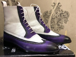 Men's Ankle White & Purple Wingtip Leather Boot - leathersguru