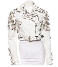 Load image into Gallery viewer, Leather Rider Womens For Mens Silver Tone Studded White Leather Jacket
