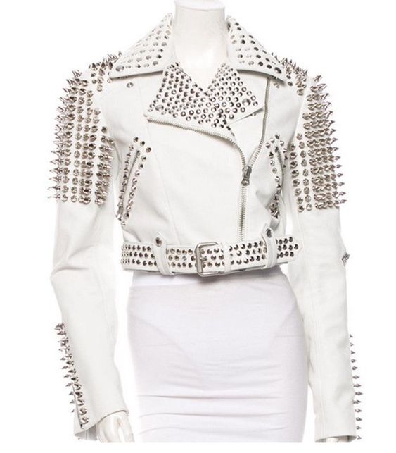Leather Rider Womens For Mens Silver Tone Studded White Leather Jacket