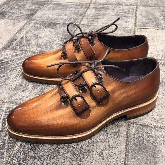 Handmade Men's Leather Cognac Double Monk Shoes - leathersguru