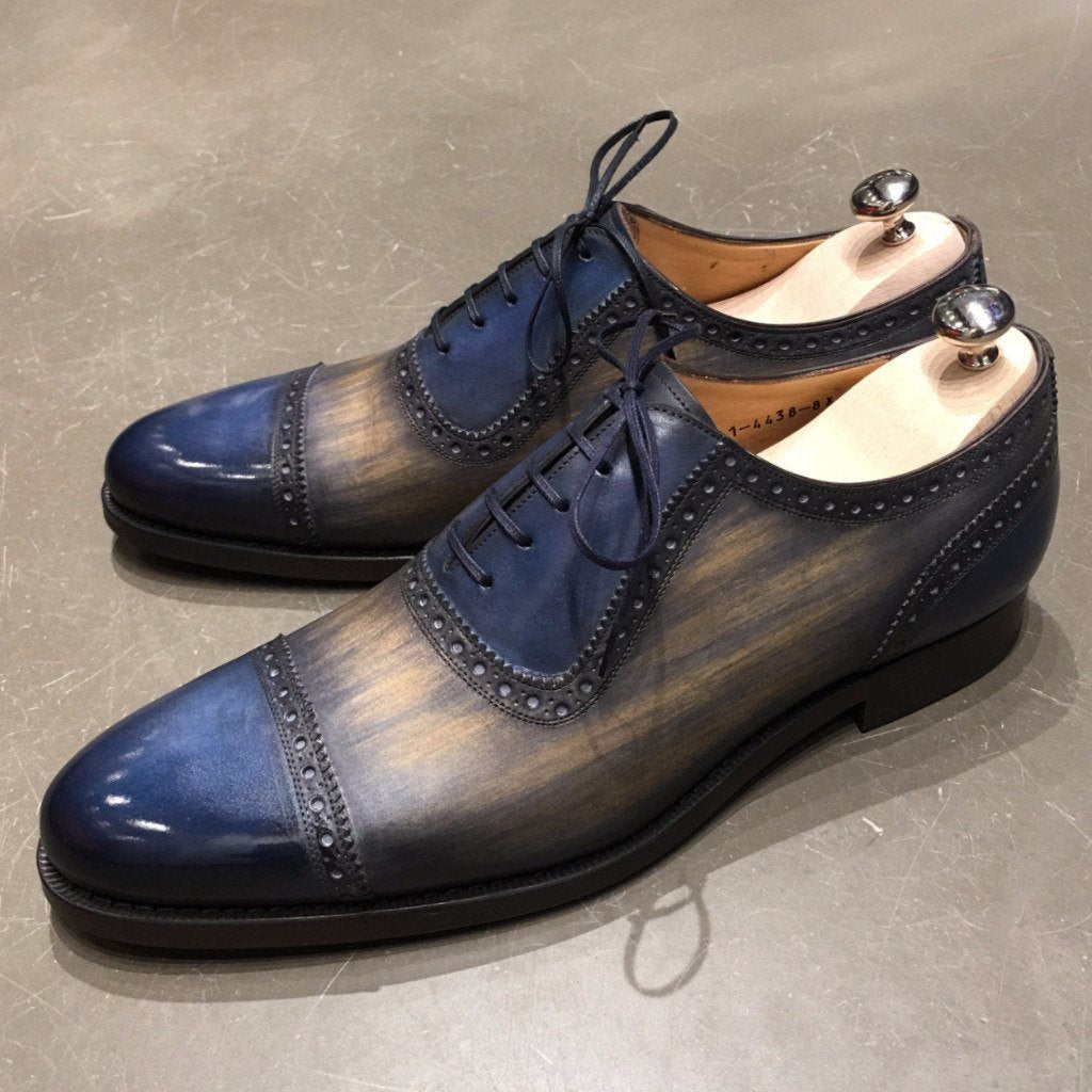 Bespoke Blue & Brown Leather Cap Toe Lace Up Shoe for Men - leathersguru