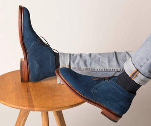Handmade Men's Ankle High Navy Blue Suede Chukka Boot - leathersguru