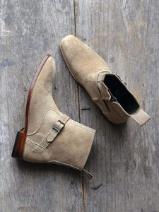 Handmade Men's Ankle High Beige Suede Jodhpurs Buckle Boot - leathersguru
