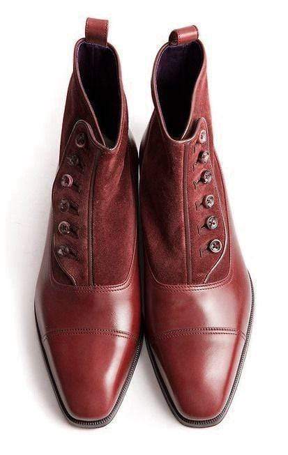 Handmade Men's Ankle Leather Suede Cap Toe Maroon Button Top Boot - leathersguru