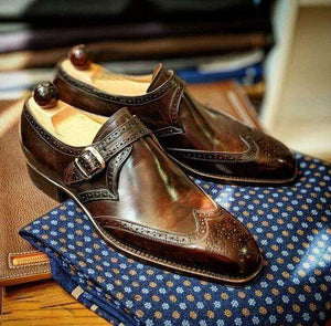 Men's Leather Monk Strap Brown Wing Tip Brogue Shoes - leathersguru