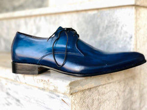 Men's Blue Leather Lace Up Derby Shoes - leathersguru