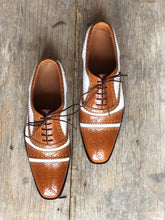 Load image into Gallery viewer, Men&#39;s Leather White Brown Cap Toe Lace Up Shoes - leathersguru
