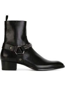 Handmade Black Leather Buckle Ankle High Boots - leathersguru