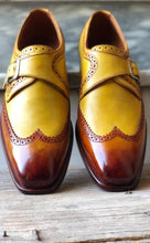 Load image into Gallery viewer, Bespoke Yellow Tan Brown Leather Monk Strap Wing Tip Shoes for Men&#39;s - leathersguru
