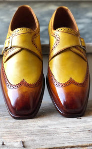 Bespoke Yellow Tan Brown Leather Monk Strap Wing Tip Shoes for Men's - leathersguru