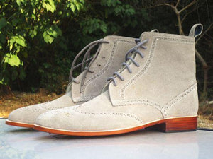 Handmade Men's Ankle High Gray Suede Wing Tip Brogue Boot - leathersguru