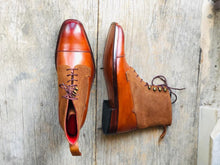 Load image into Gallery viewer, Handmade Brown Leather Suede Cap Toe Lace Up Boot - leathersguru
